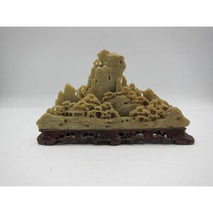 Vintage Asian Hand-Carved Soapstone Mountain Landscape With Wooden Base